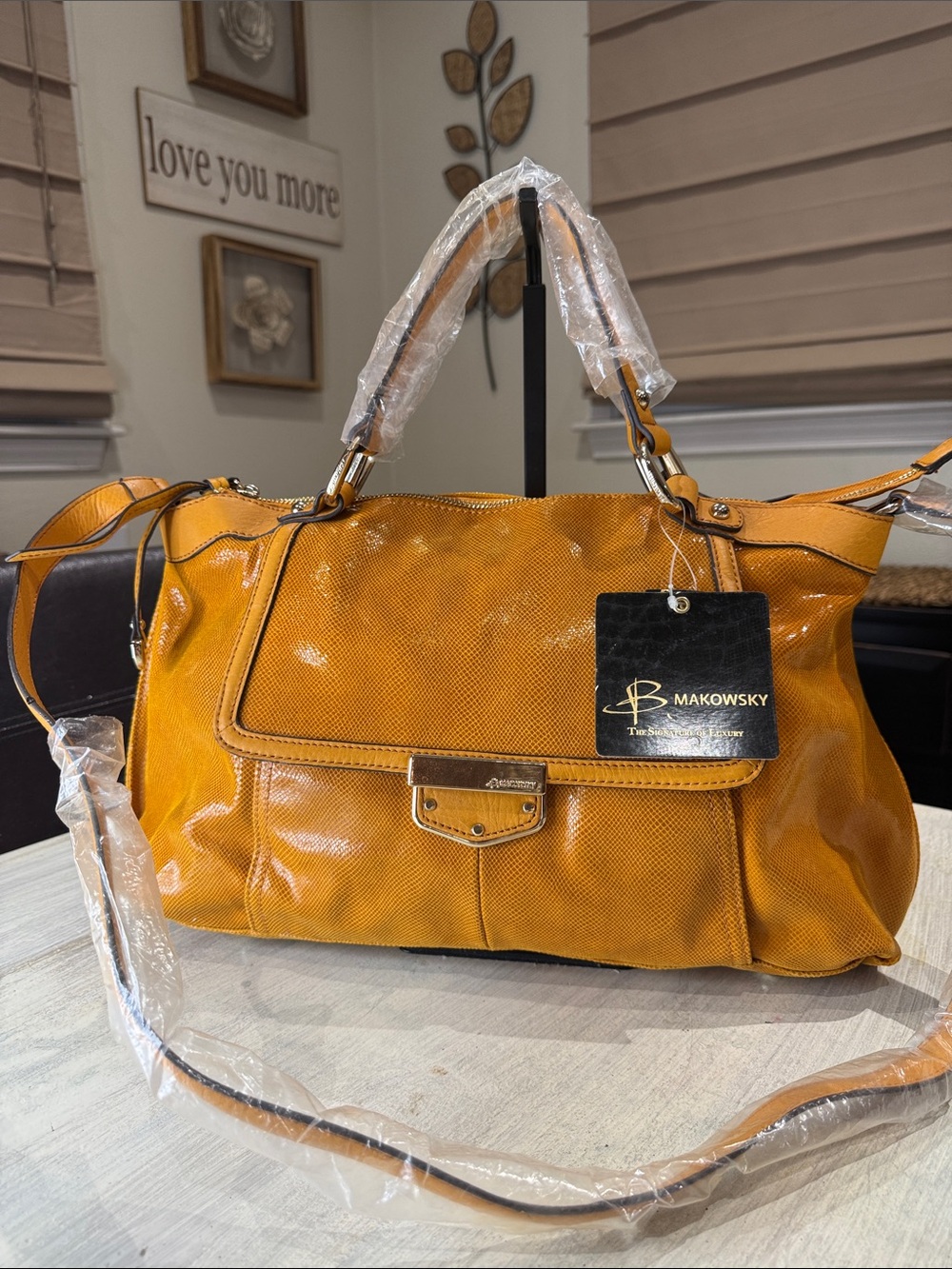 b. makowsky Mustard Yellow Textured Leather Satchel